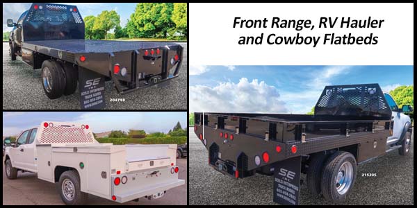 Scelzi white and black cowboy and RV flatbed truck bodies
